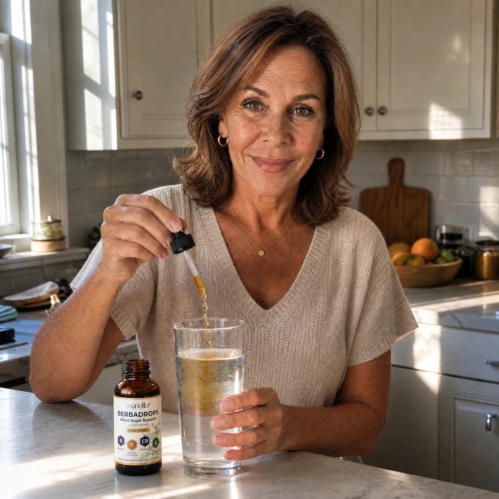 Woman adding BerbaDrops berberine liquid to a glass of water in her kitchen