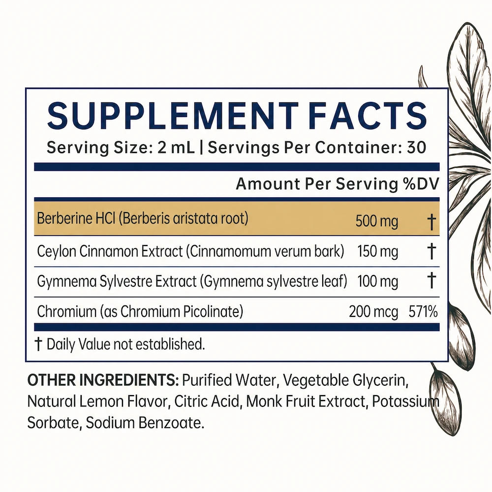 Mirella BerbaDrops supplement facts label with berberine 500mg per serving