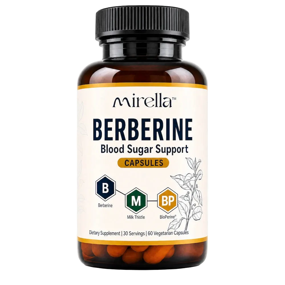 Mirella Berberine Balance capsules bottle, blood sugar support supplement for women