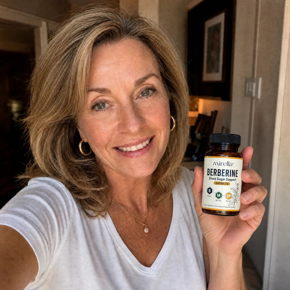 Happy customer holding her bottle of Mirella Berberine Balance capsules
