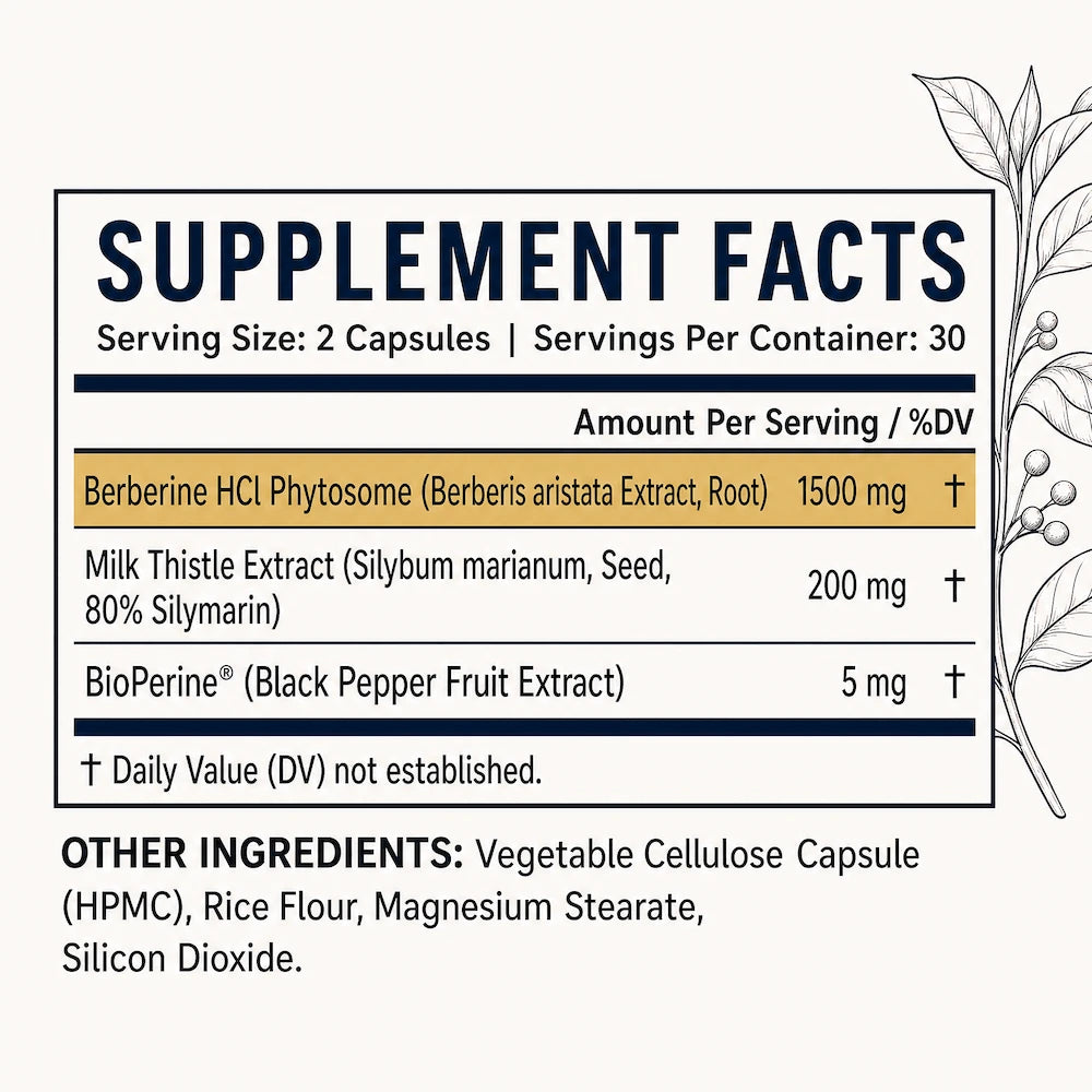Berberine Balance natural ingredients: barberry, milk thistle flower and black pepper