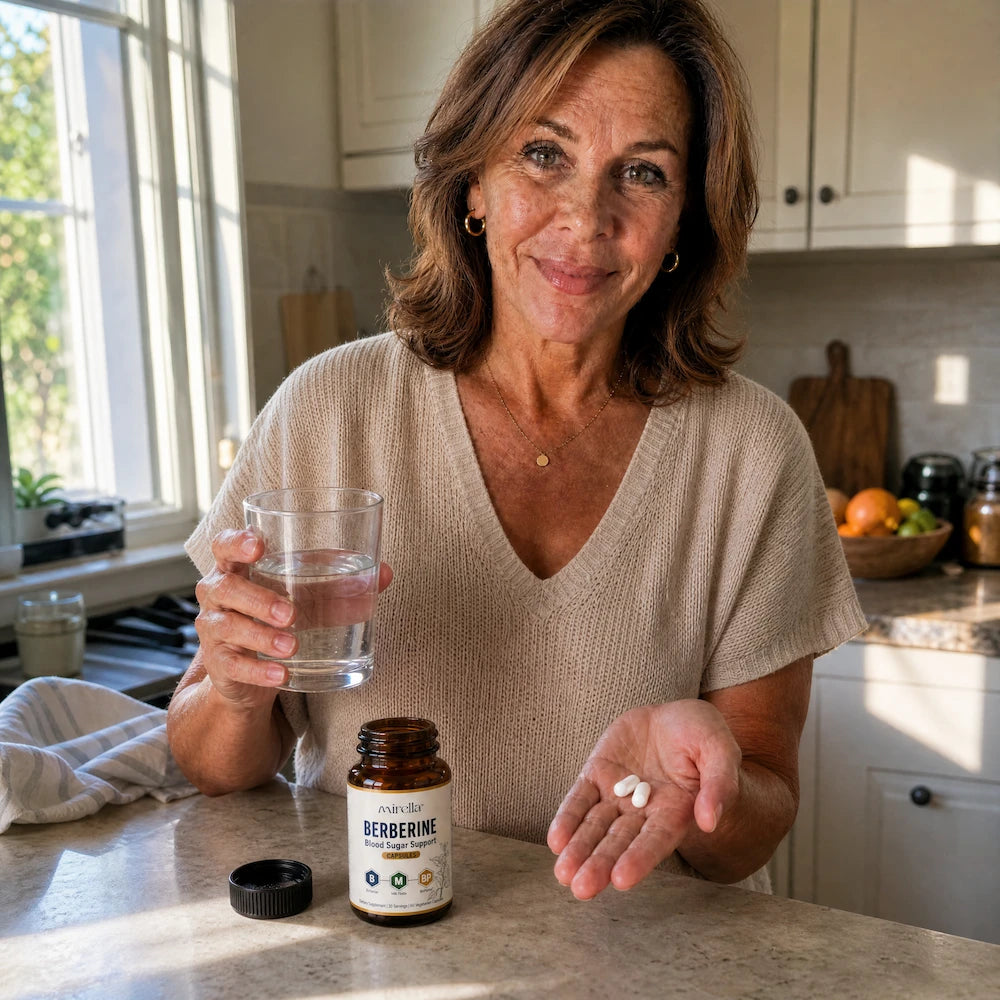 Woman taking Berberine Balance capsules with a glass of water in her kitchen