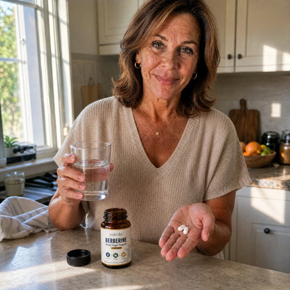 Woman taking Berberine Balance capsules with a glass of water in her kitchen